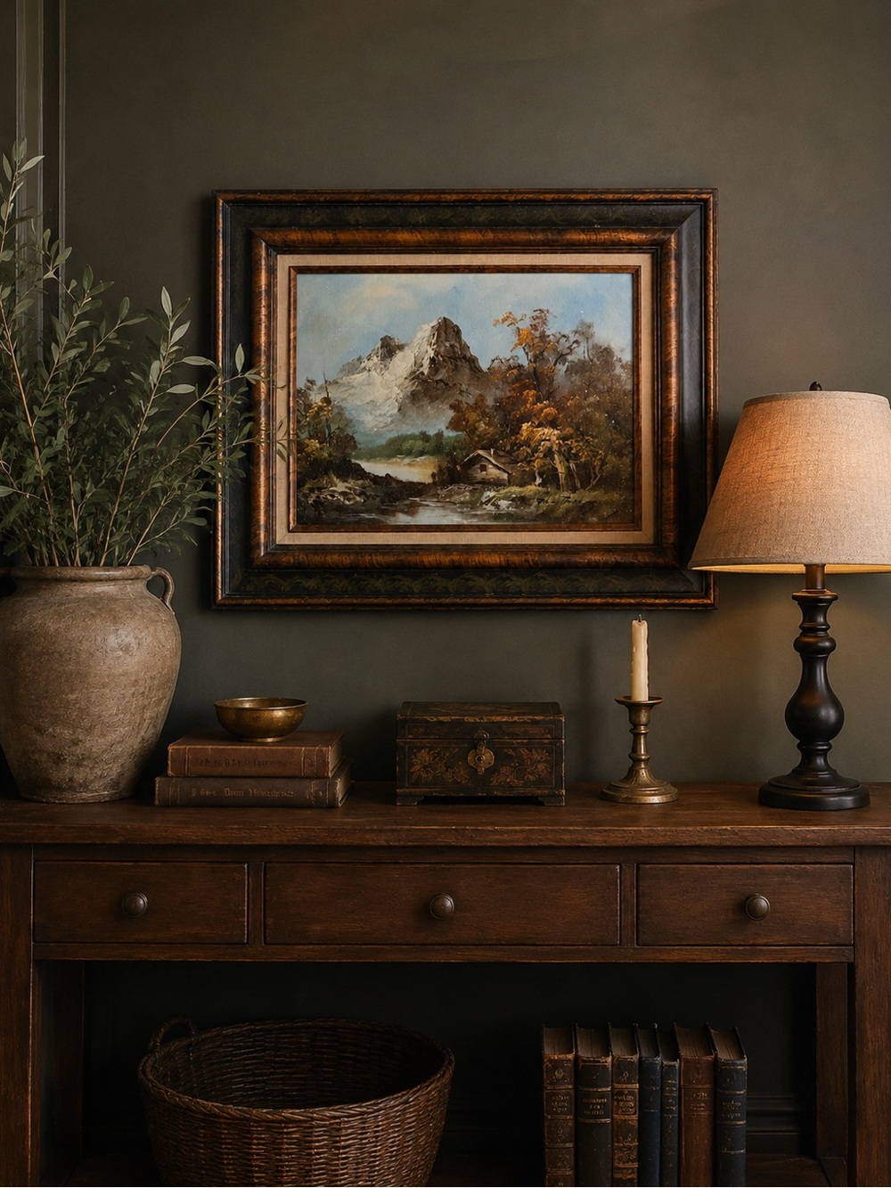 Vintage Signed G. Whitman Original Oil Mountain Landscape in Ornate Frame
